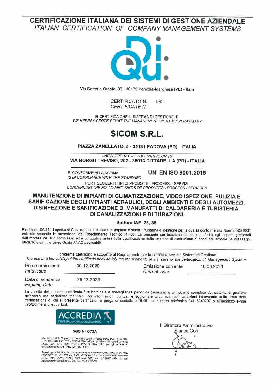 Certificazione ISO 9001 Sicom Srl