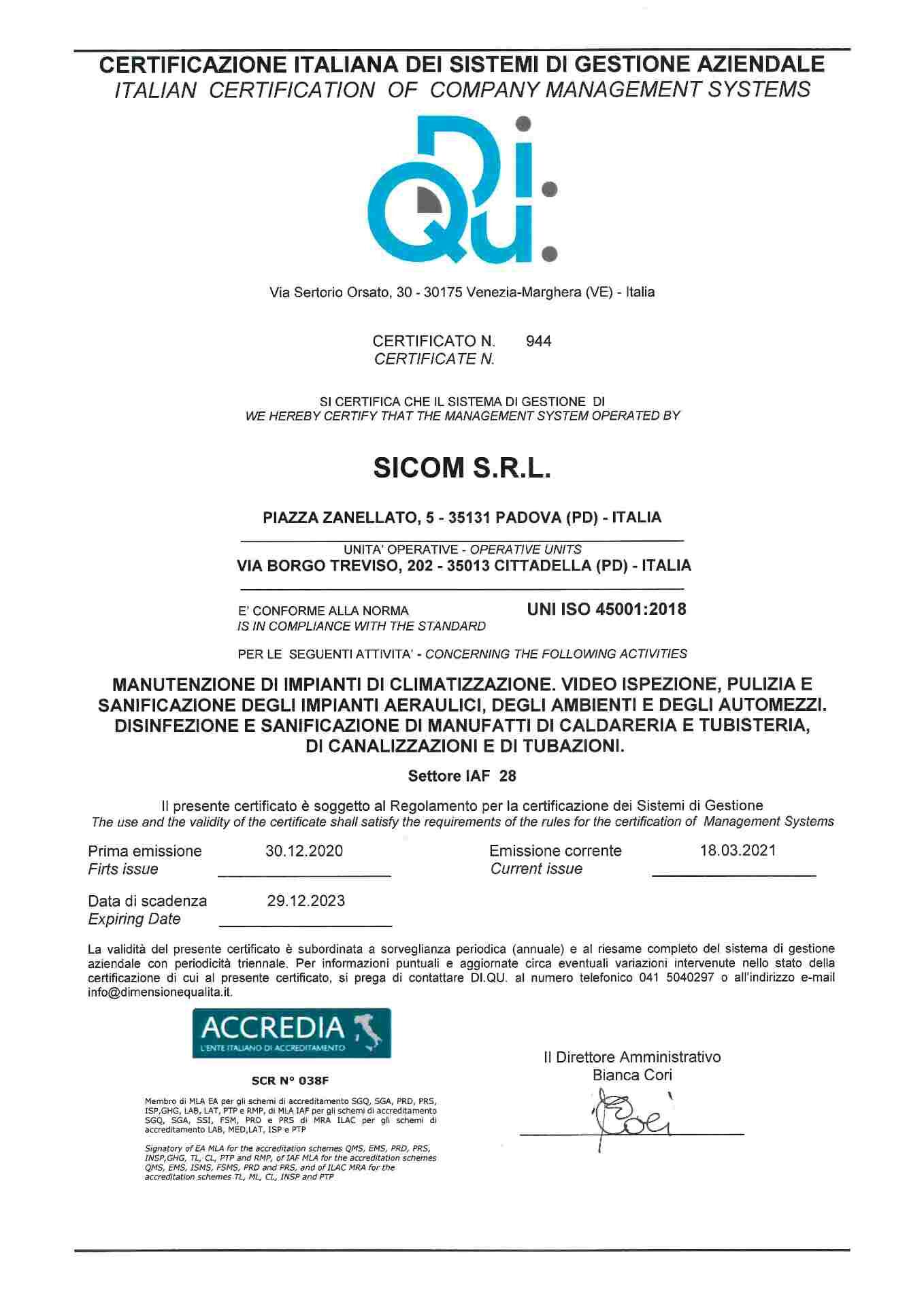 Certificazione ISO 45001 Sicom Srl